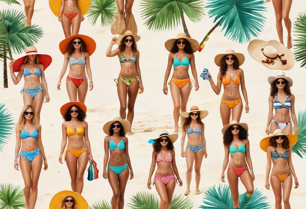A vibrant beach scene featuring diverse models wearing the latest trendy bikinis and outdoor swimwear, showcasing a variety of styles, colors, and patterns. Include playful beach accessories like sun hats, sunglasses, and beach towels. The background features soft waves, golden sand, and palm trees swaying in the breeze, creating a lively summer atmosphere. Emphasize bright, cheerful vibes with sunny weather. super-realistic. vibrant colors. white background.