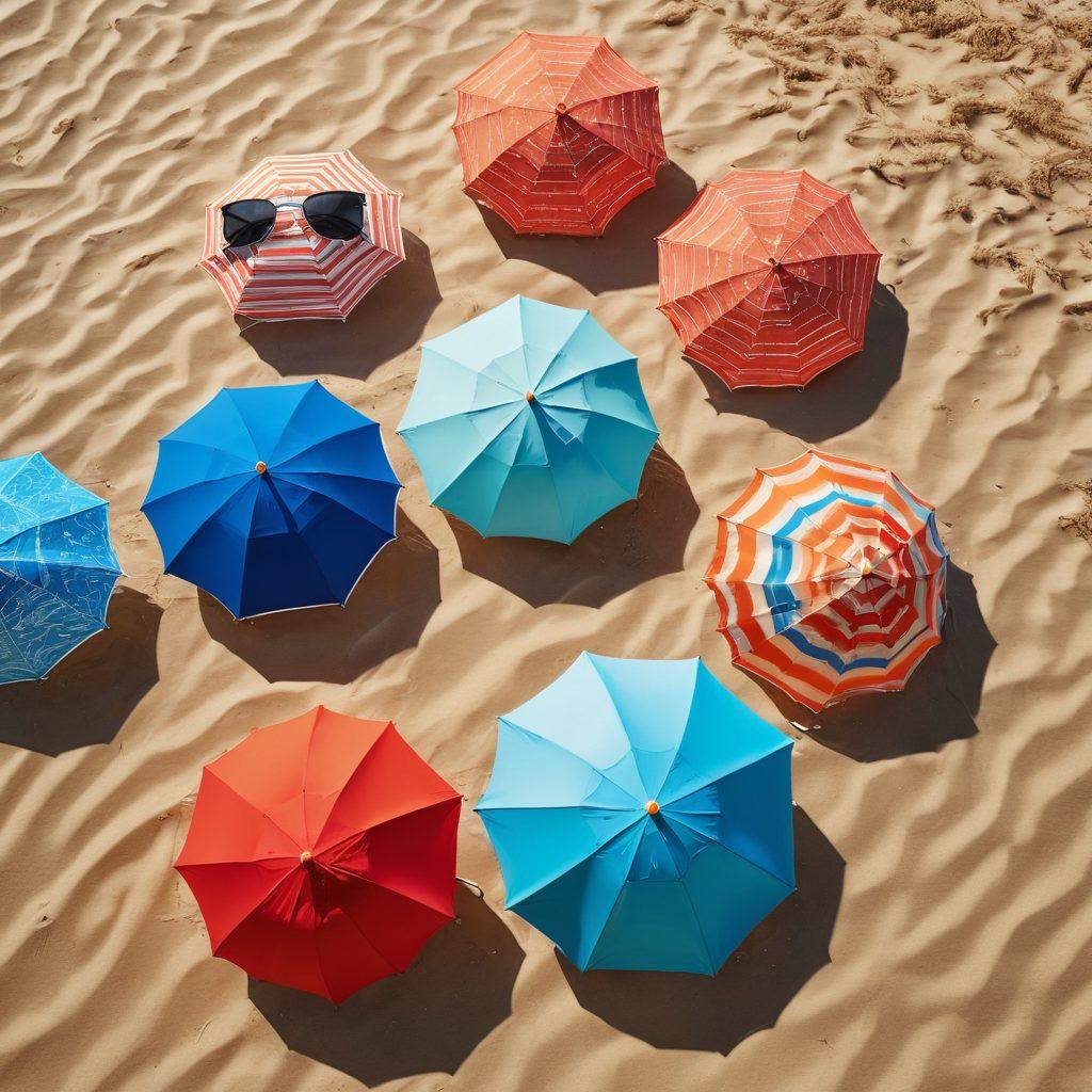 A stylish beach scene featuring a diverse group of models showcasing a variety of swimwear from classic to trendy styles, vibrant beach umbrellas in the background, sun-kissed sand, and sparkling waves. Include elements like oversized sunglasses, sun hats, and beach balls for a fun summer vibe. Bright and cheerful atmosphere with a clear blue sky. vibrant colors. super-realistic.